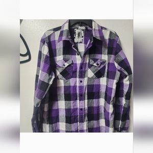 Ocean Current Black Purple White Plaid Flannel Mens Button Down Shirt Large NWOT